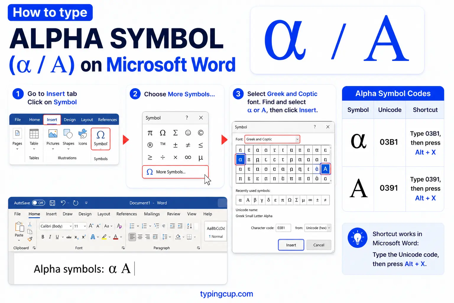 How to type Alpha Symbol (α Α) on Microsoft Word