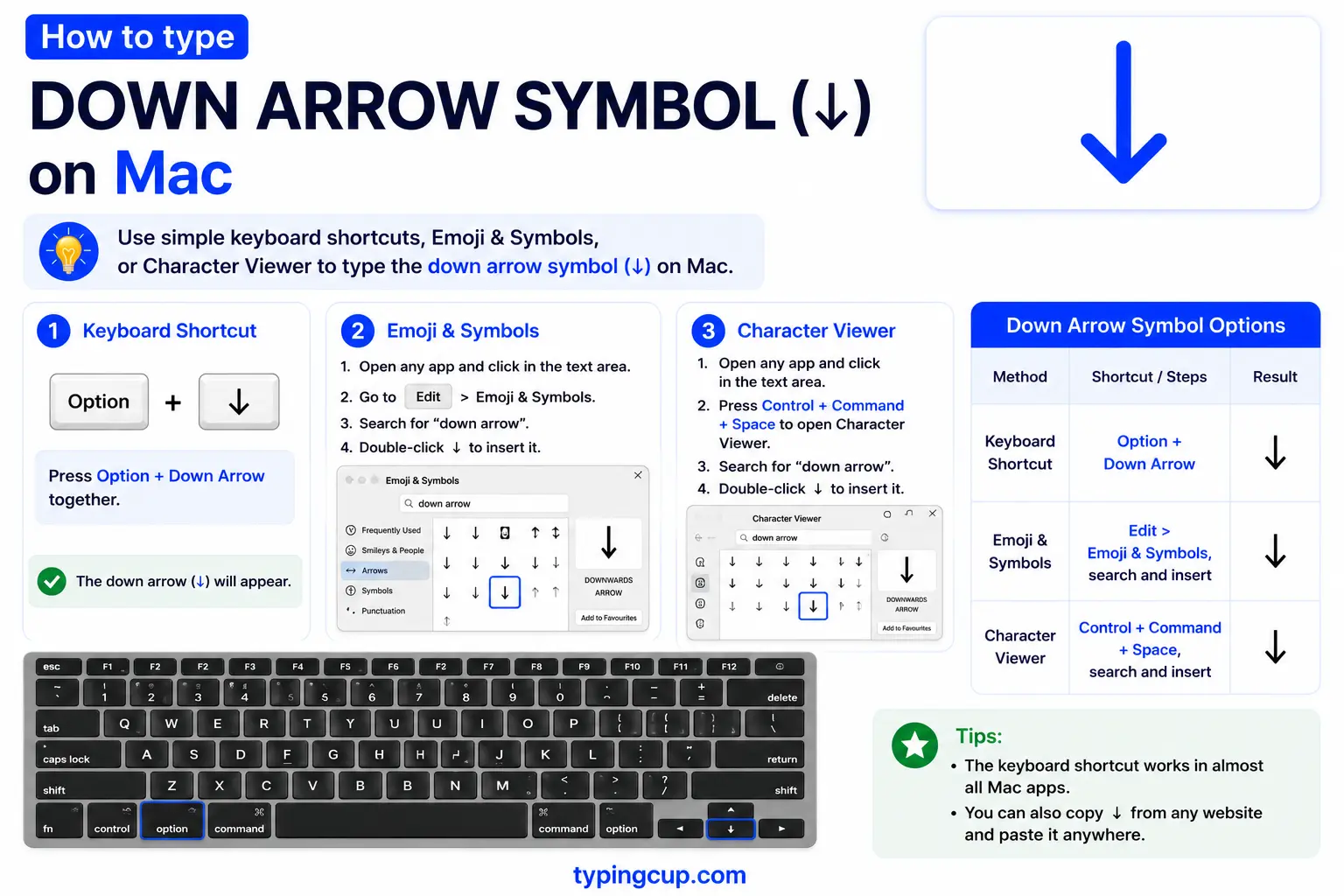 How to type Down Arrow Symbol (↓) on Mac