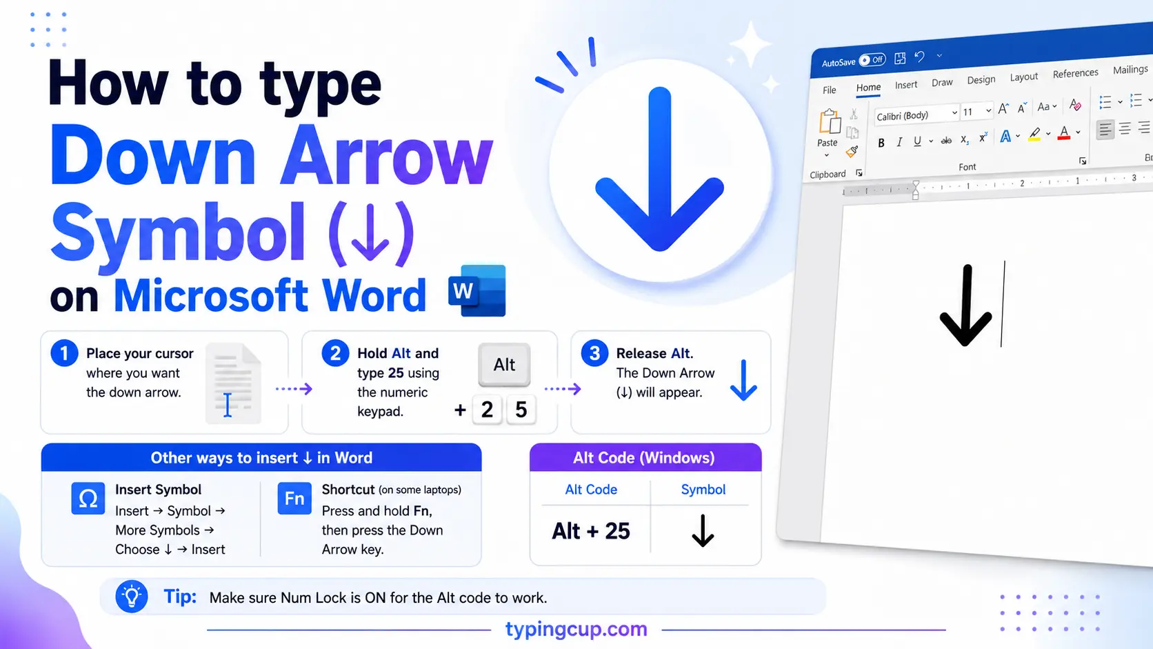How to type Down Arrow Symbol (↓) on Microsoft Word