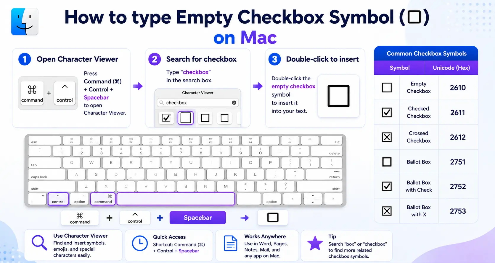 How to type Empty Checkbox Symbol (☐) on Mac