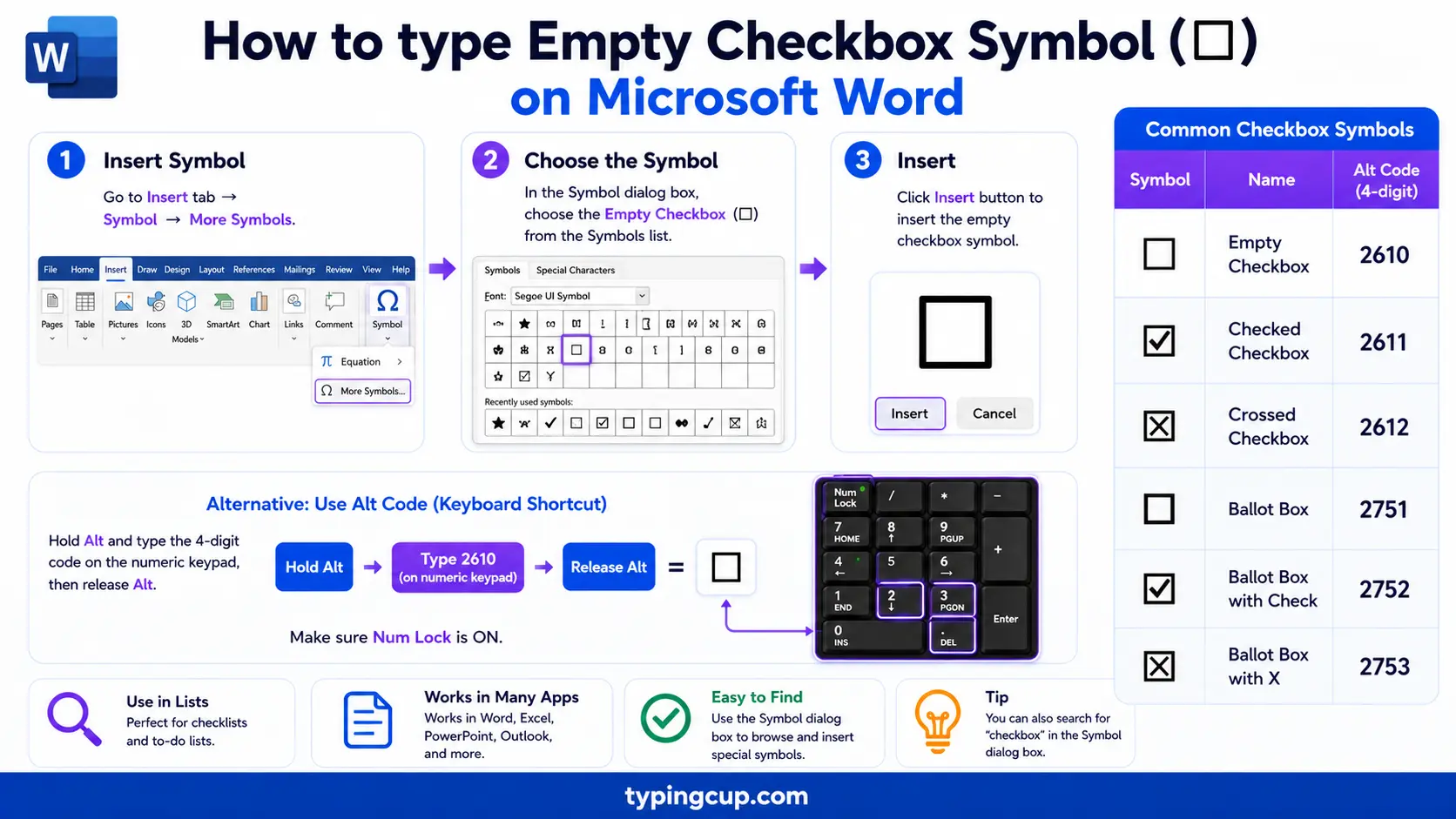 How to type Empty Checkbox Symbol (☐) on Microsoft Word