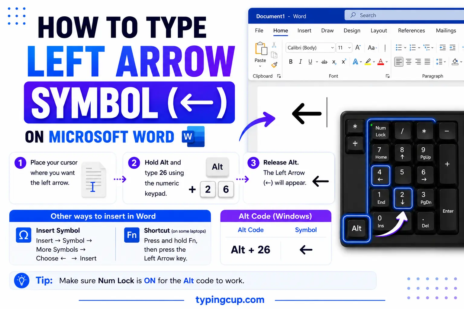 How to type Left Arrow Symbol (←) on Microsoft Word