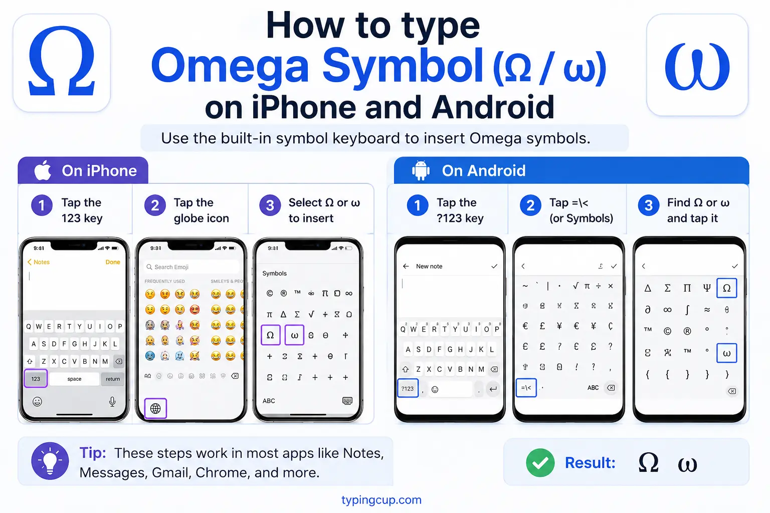 How to type Omega Symbol (Ω ω) on iPhone and Android