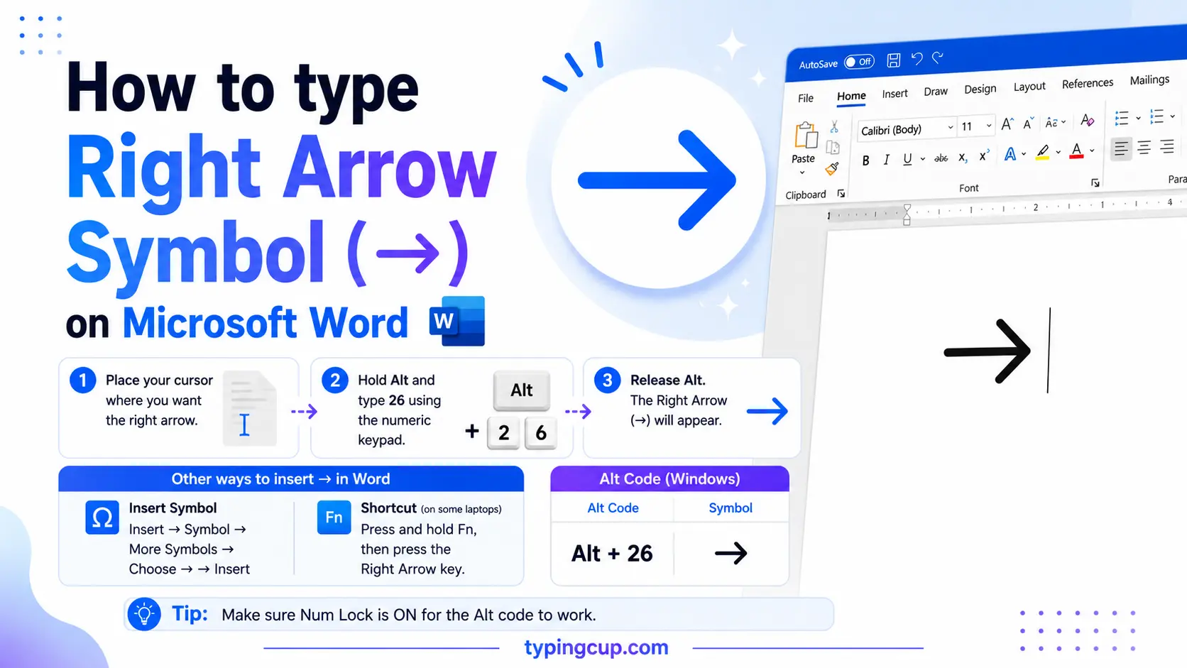 How to type Right Arrow Symbol (→) on Microsoft Word