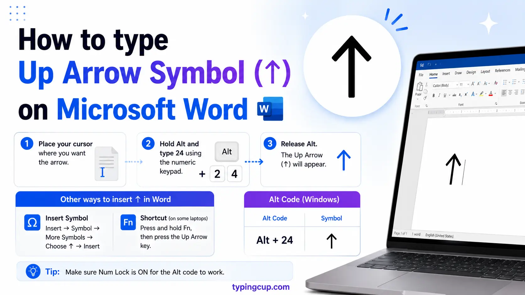 How to type Up Arrow Symbol (↑) on Microsoft Word