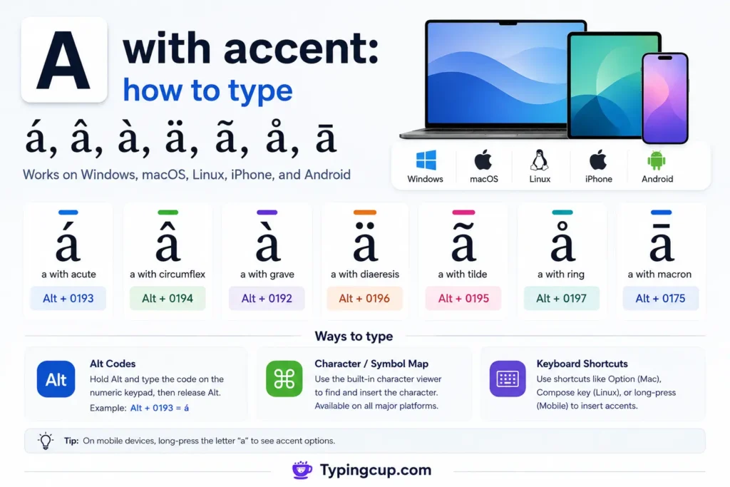 A with accent how to type á, â, à, ä, ã, å, and ā