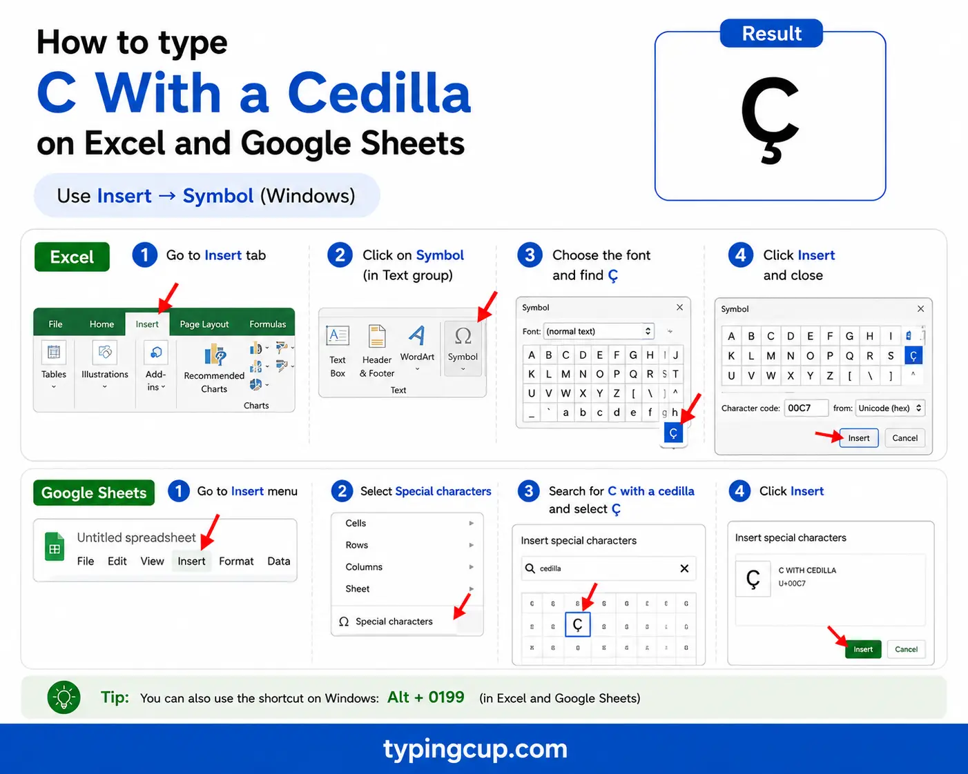 How to type C With a Cedilla on Excel and Google Sheets
