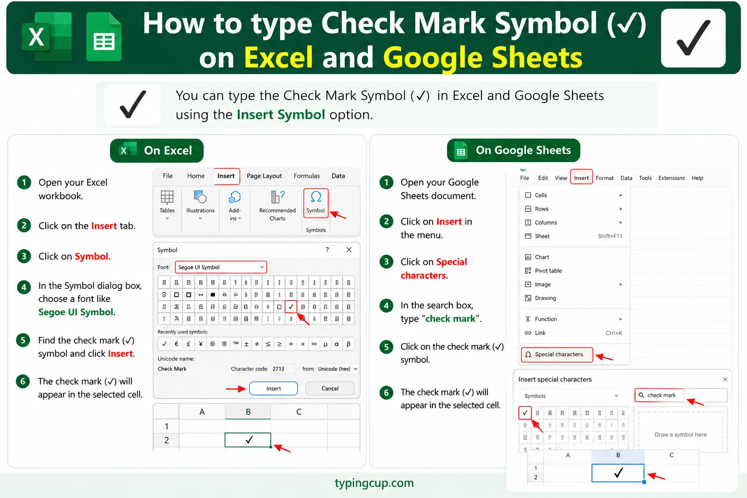 How to type Check Mark Symbol (✓) on Excel and Google Sheets