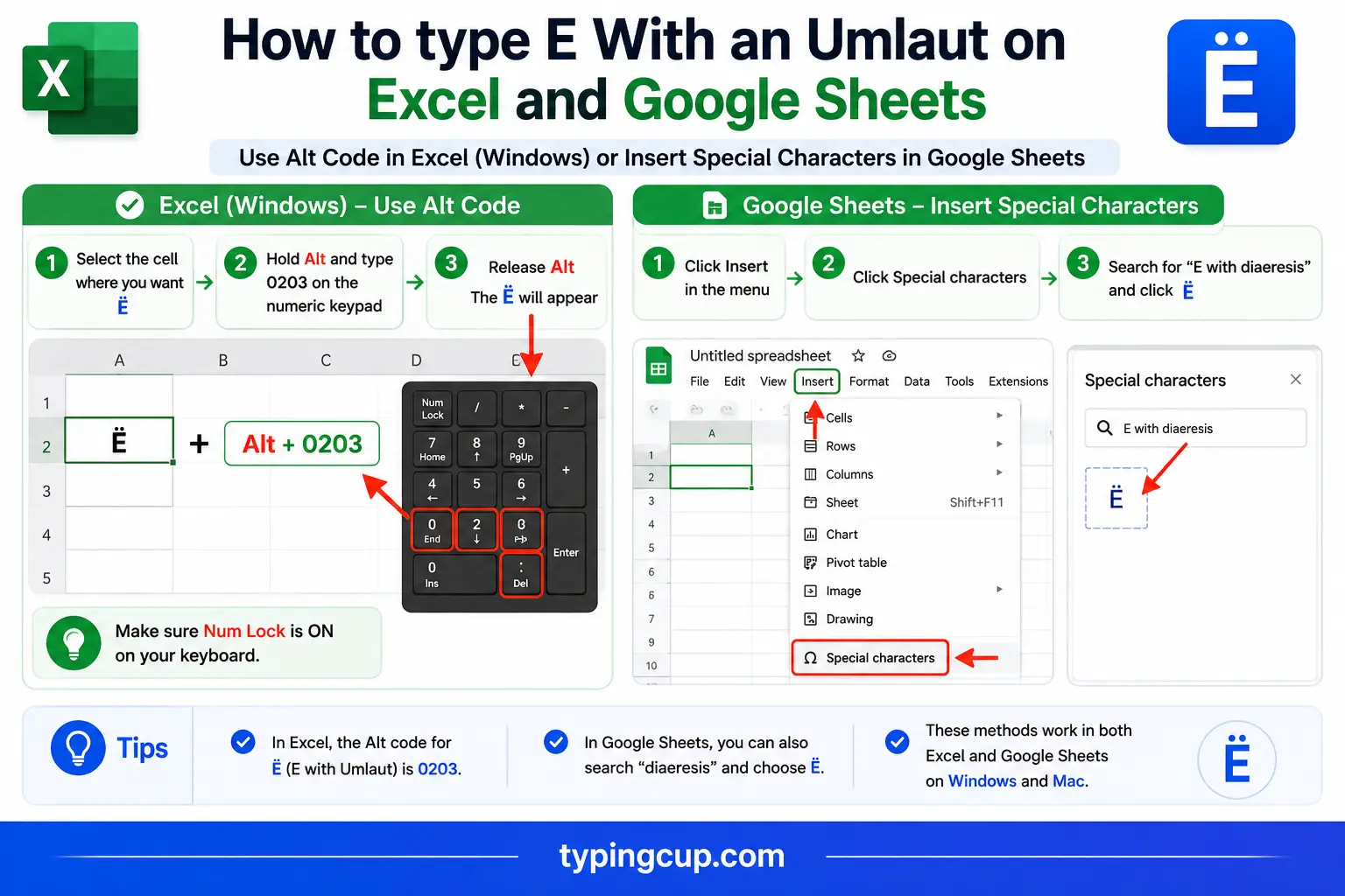 How to type E With an Umlaut on Excel and Google Sheets