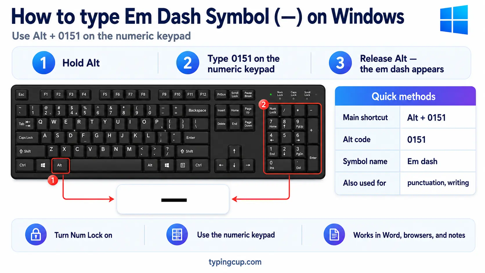 How to type Em Dash Symbol (—) on Windows