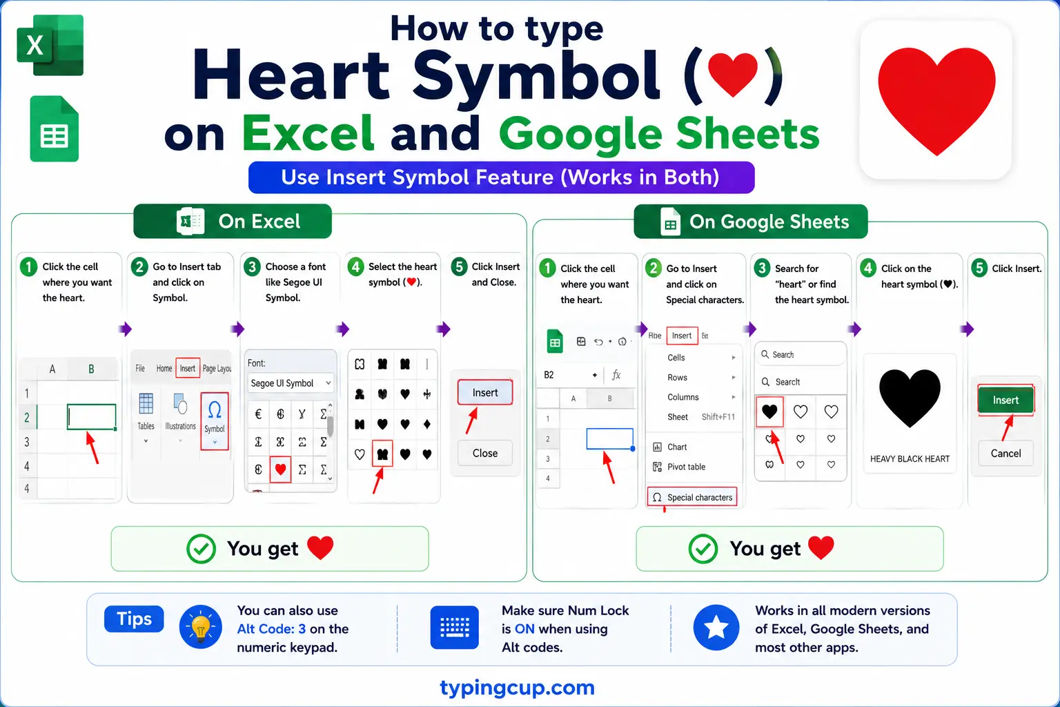 How to type Heart Symbol (♥) on Excel and Google Sheets