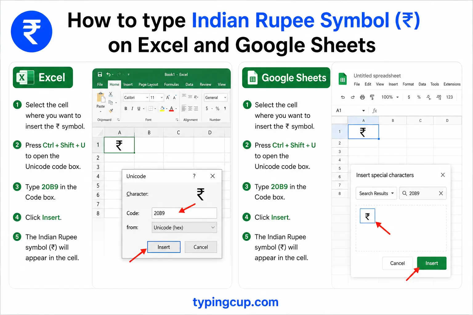 How to type Indian Rupee Symbol (₹) on Excel and Google Sheets