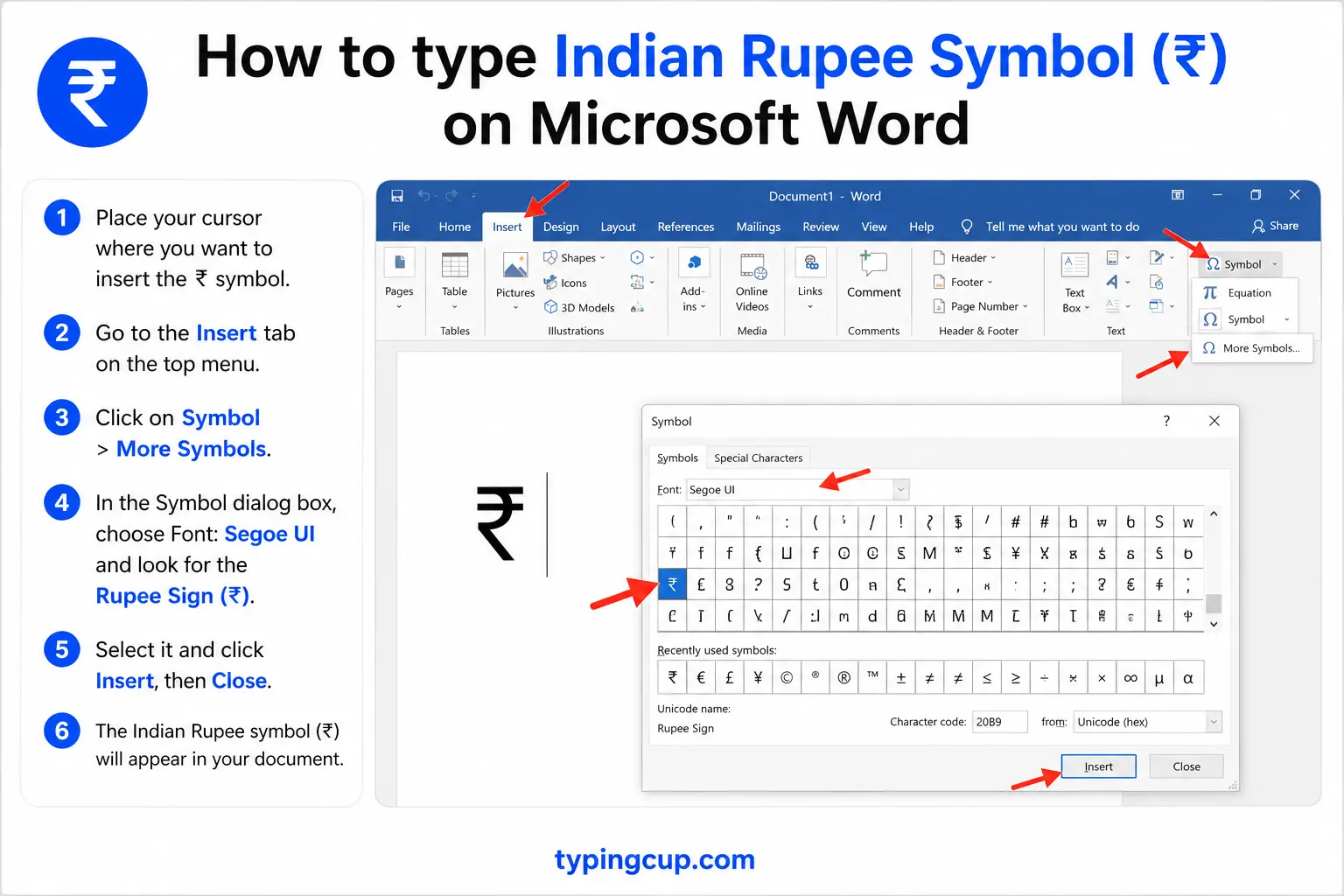 How to type Indian Rupee Symbol (₹) on Microsoft Word