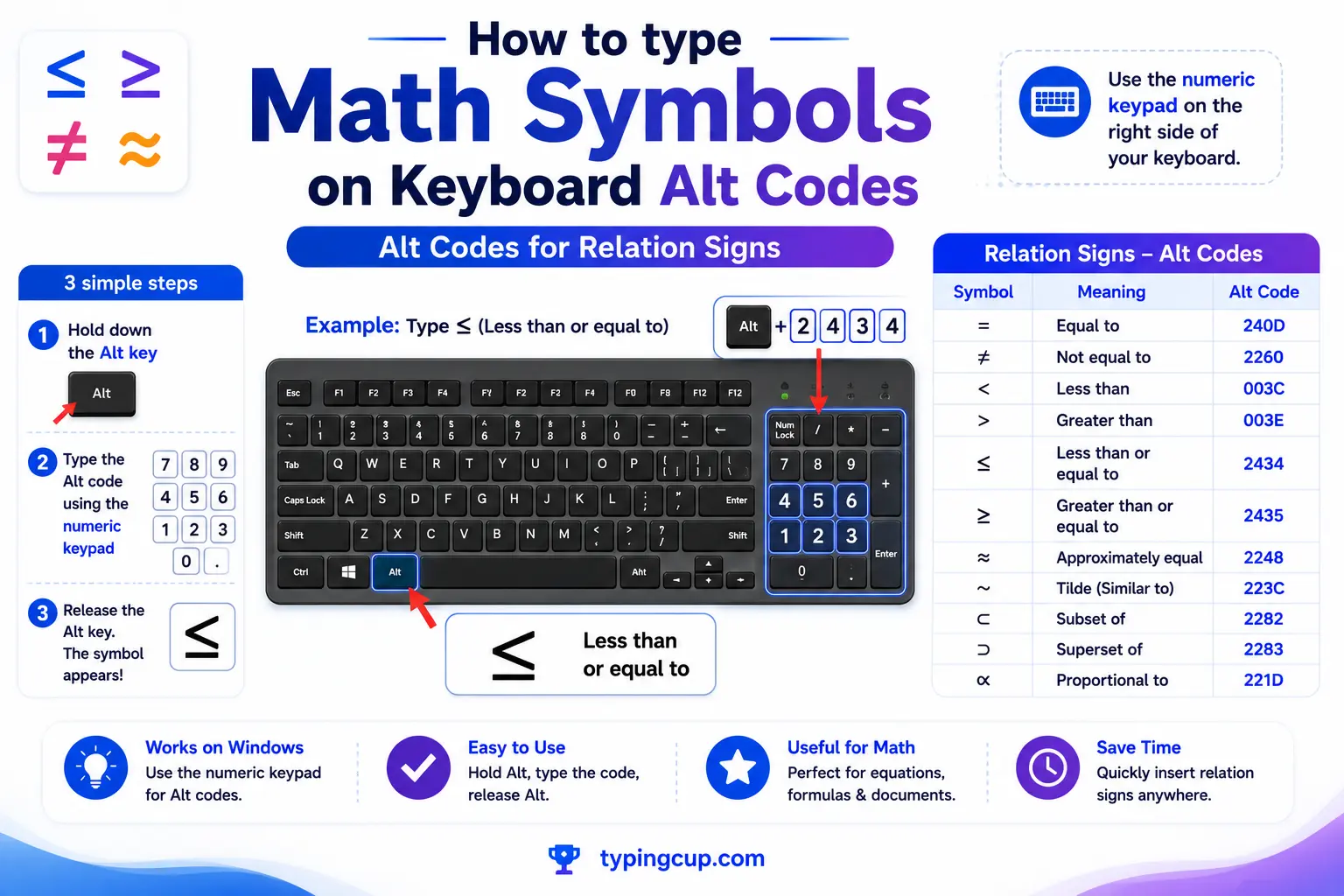 How to type Math Symbols on Keyboard Alt Codes of relation signs