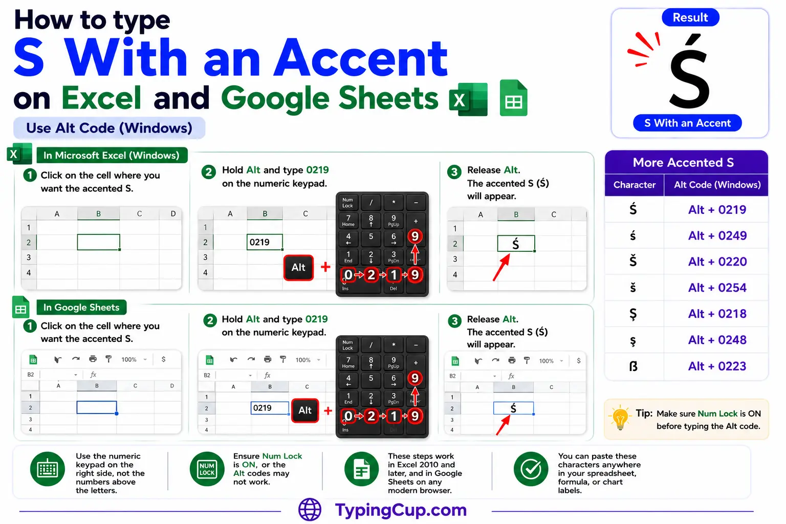 How to type S With an Accent on Excel and Google Sheets