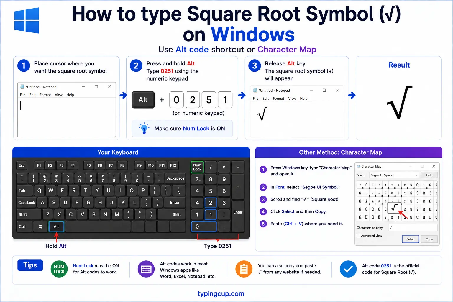 How to type Square Root Symbol (√) on Windows