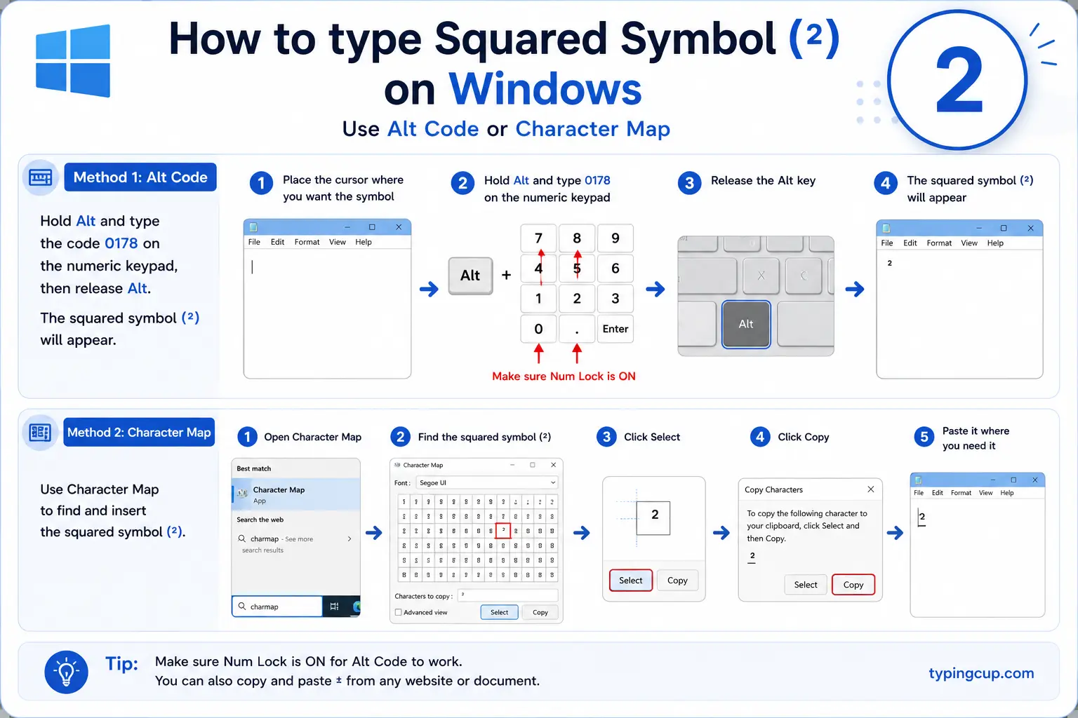 How to type Squared Symbol (²) on Windows
