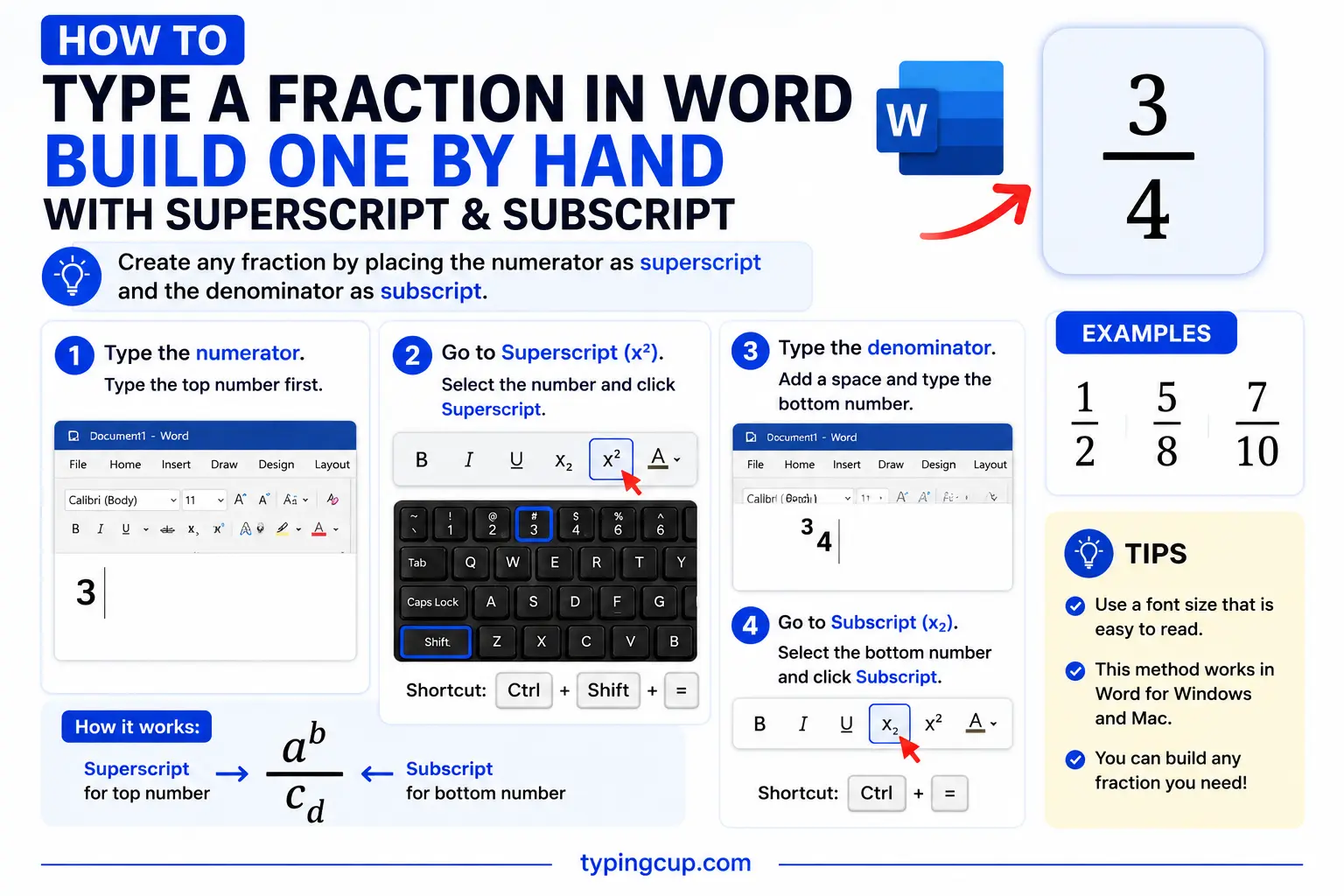 How to type a fraction in Word Build one by hand with superscript and subscript