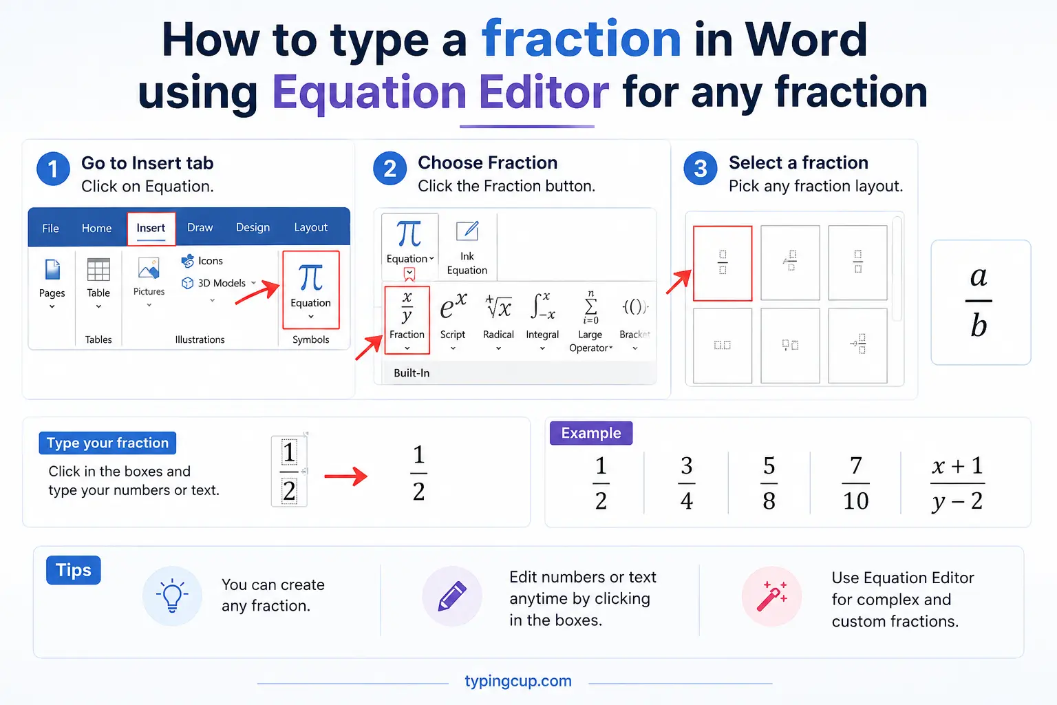 How to type a fraction in Word using equation editor for any fraction
