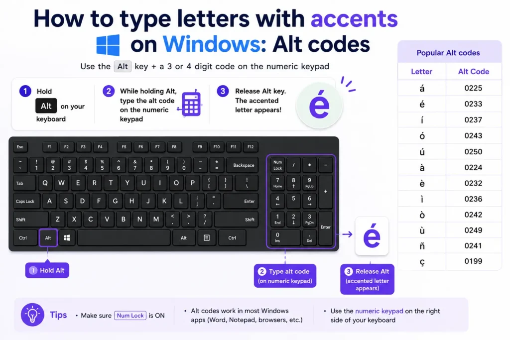 How to type letters with accents on Windows Alt codes